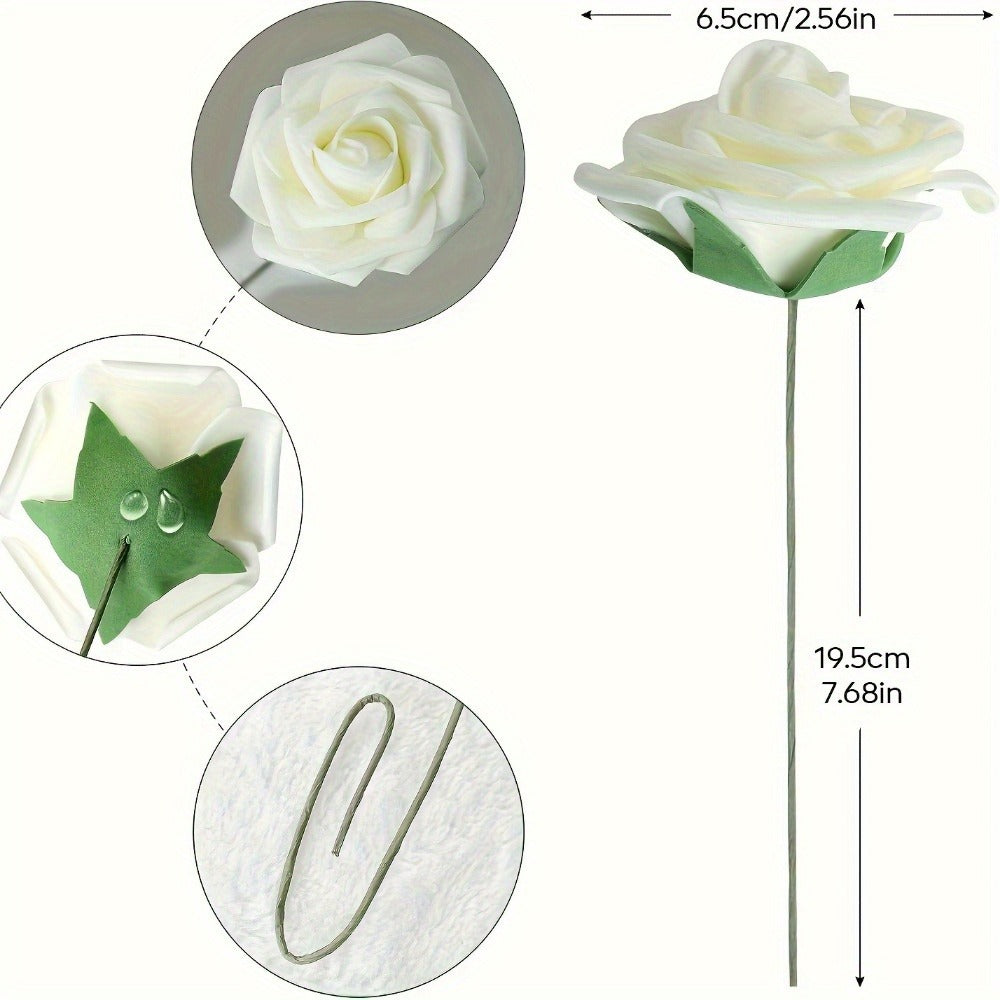Artificial Flowers 50-Piece White Silk-Style Rose Set with Stems for Wedding Bouquets and DIY Decor
