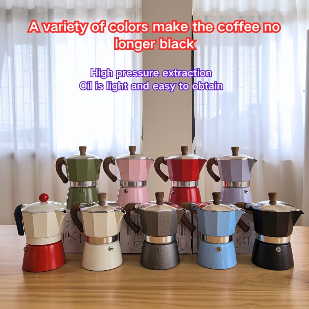 Classic 150ml Stovetop Moka Pot with Faceted Body, Wood-Look Handle and Seven Color Options
