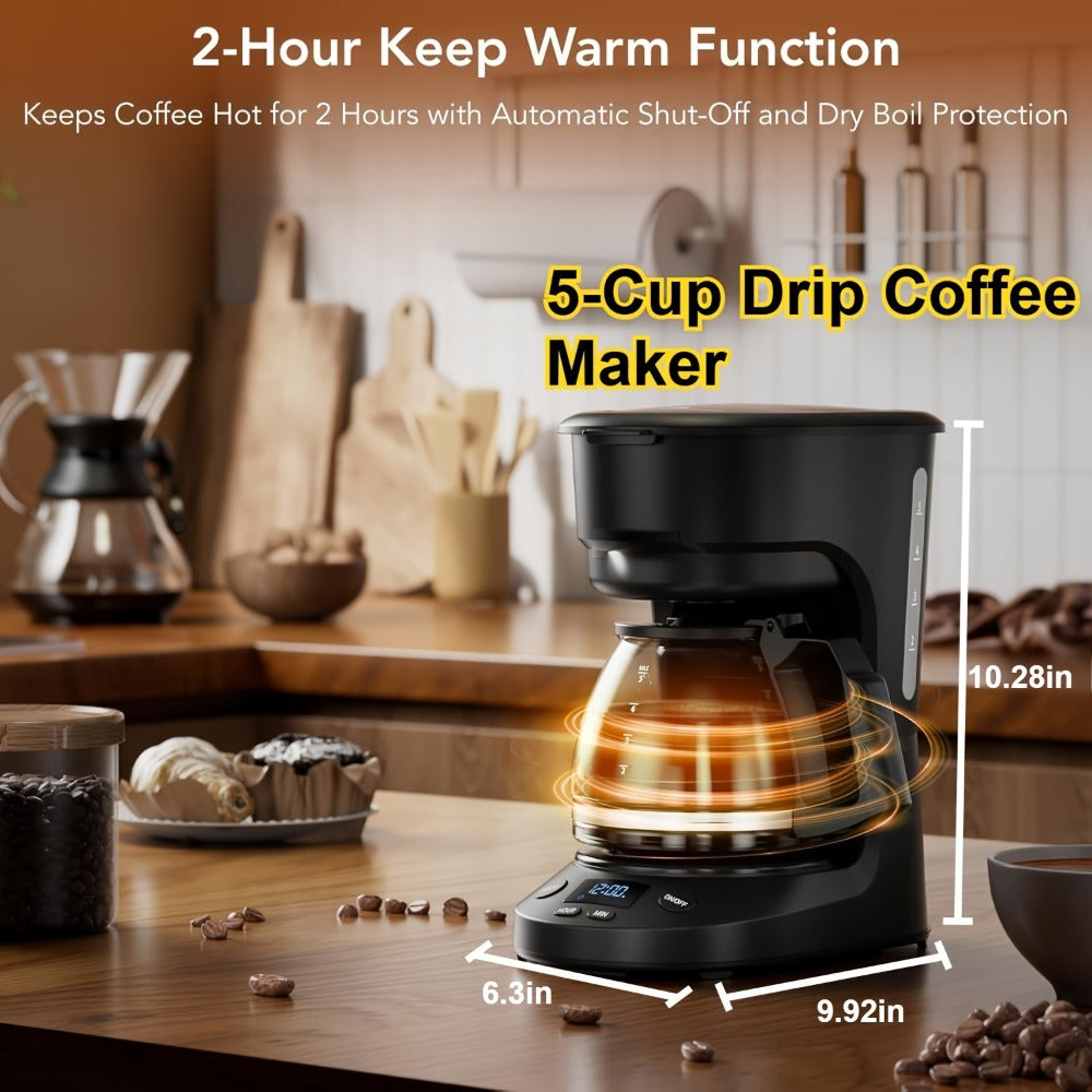 Five-Cup Programmable Drip Coffee Maker with 24-Hour Timer, Glass Carafe and Reusable Filter