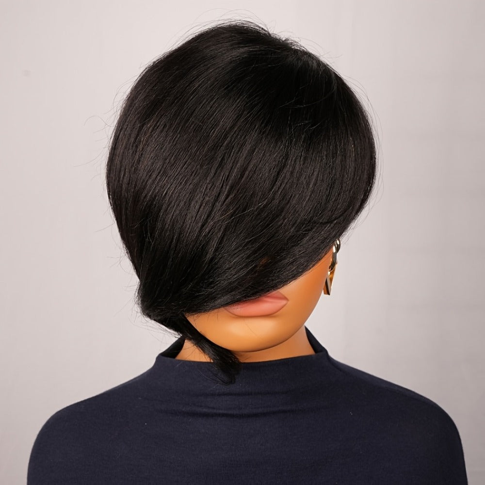 Layered Pixie Human Hair Wig with Side Bangs in #4 Brown, #99J Burgundy or #1 Black Color Options