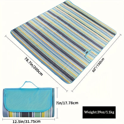 80 x 60-Inch Picnic Blanket in Blue and Green Striped 600D Oxford Fabric with Folding Carry Handle