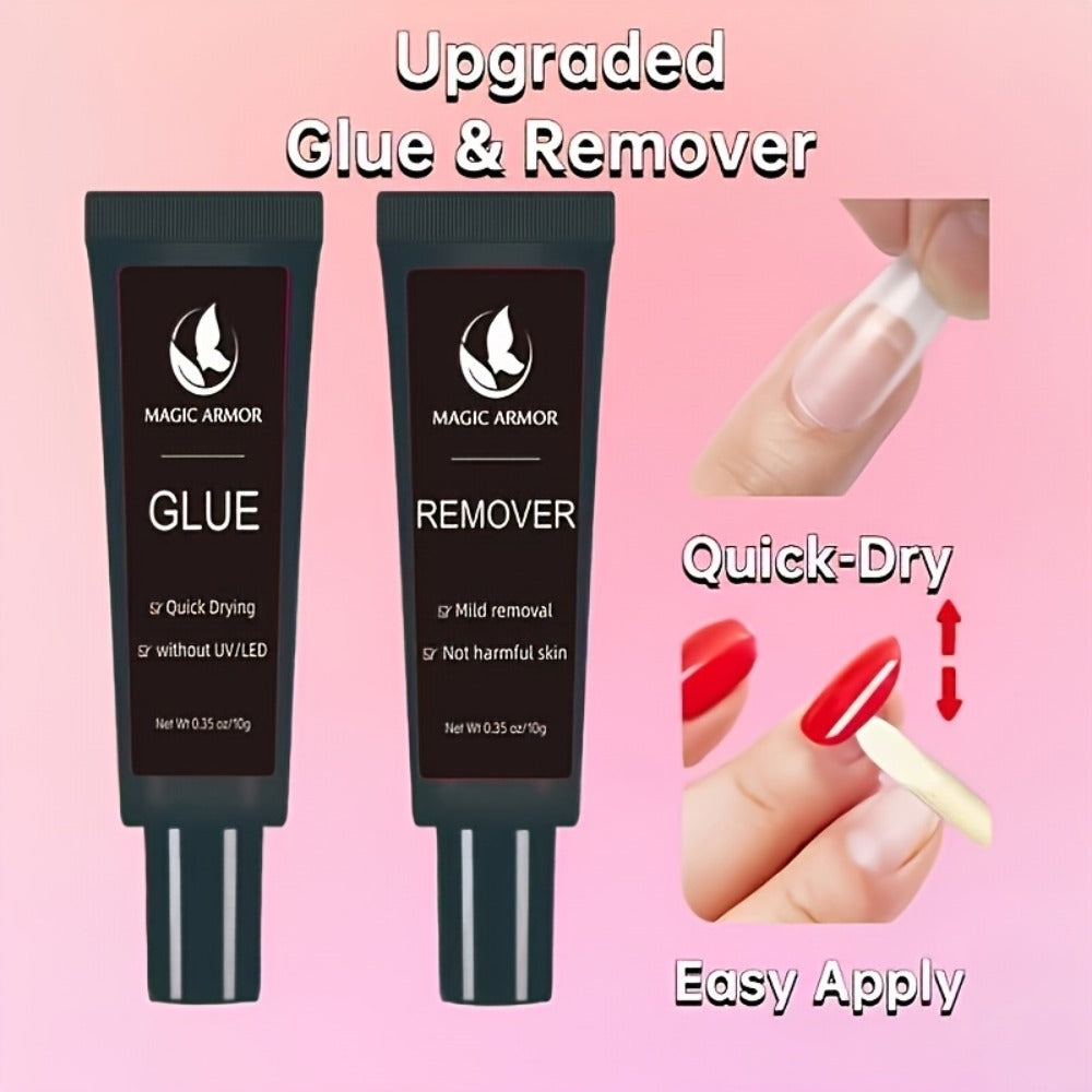 Super Strong Nail Glue & Remover Kit 10g - Long Lasting Adhesive for Acrylic Press-On False Nails - Precision Tip Applicator Clear Drying DIY Salon Nail Art for Women Girls Beginners
