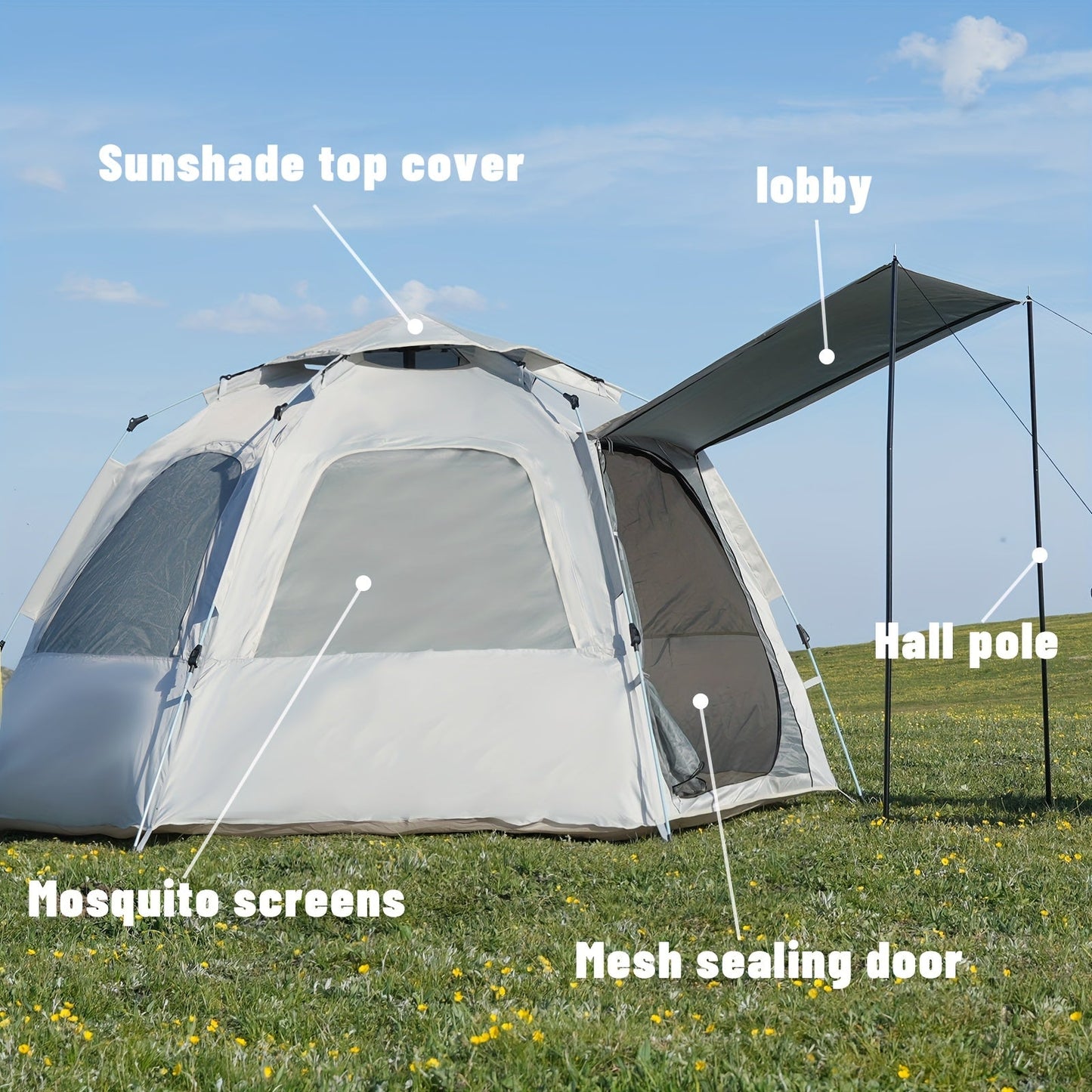 Camping Tent 4-6 Person Hexagonal Quick-Open Oxford Shelter with Vestibule and Included Stakes