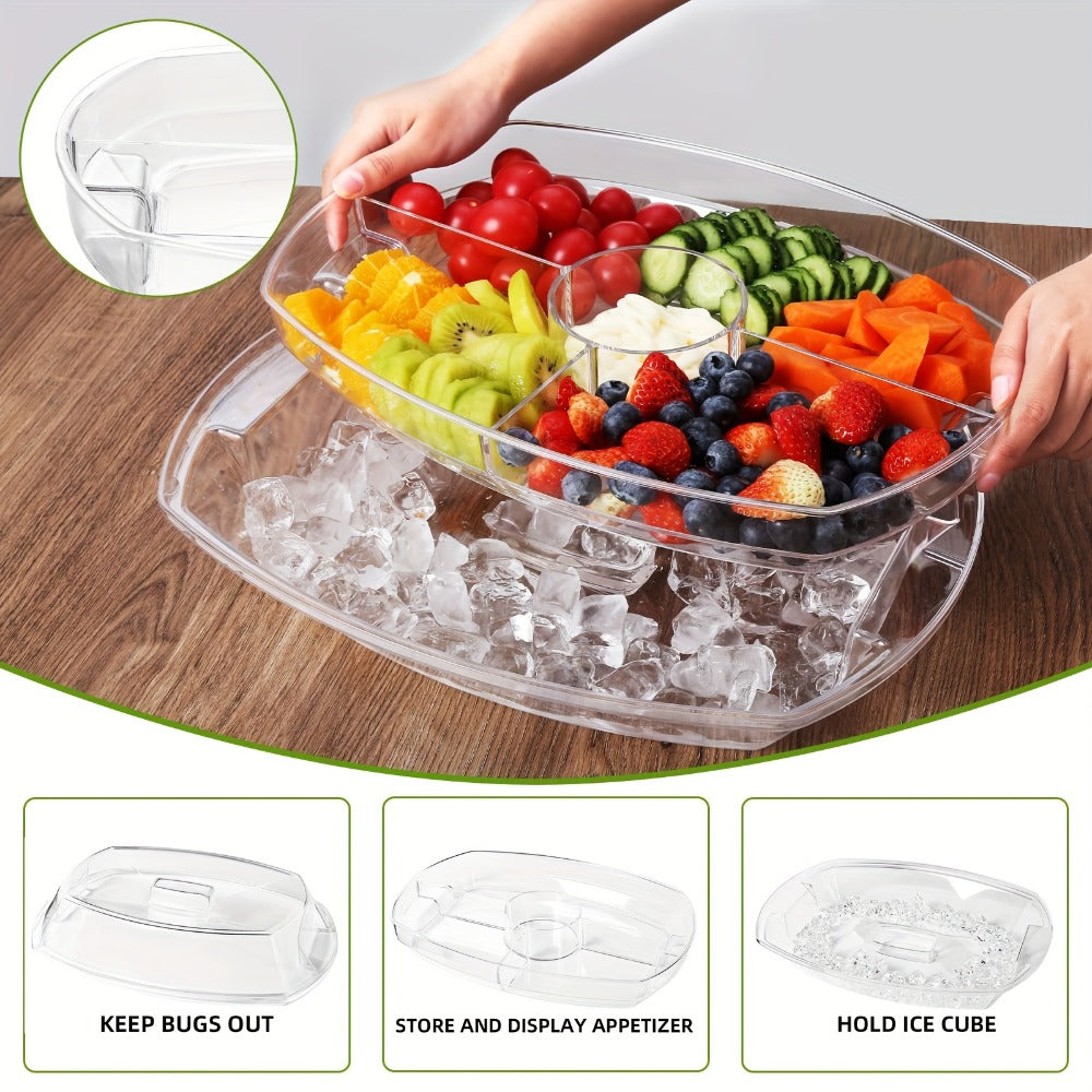 Appetizer Serving Tray with Ice Tray & Flip Lid – 15 Inch Round Chilled Condiment Serving Platter, BPA-Free Plastic Veggie Dip Bowl, Dishwasher & Freezer Safe Party Snack Tray