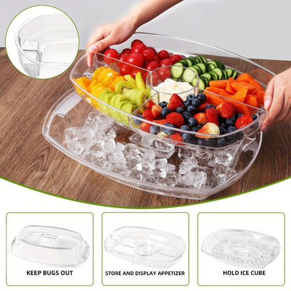 Appetizer Serving Tray with Ice Tray & Flip Lid – 15 Inch Round Chilled Condiment Serving Platter, BPA-Free Plastic Veggie Dip Bowl, Dishwasher & Freezer Safe Party Snack Tray
