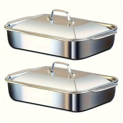 Stainless Steel Baking Pan Set 4-Piece – 2 Deep Roasting Pans & 2 Lidded Pans with Handles, 6-Liter Large Capacity 16.14" Rectangular Baking Pans for Lasagna, Fish, Chicken & Roasting – Dishwasher Safe