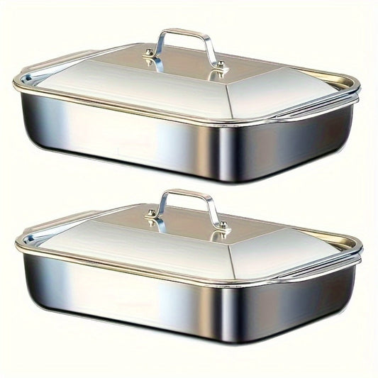 Stainless Steel Baking Pan Set 4-Piece – 2 Deep Roasting Pans & 2 Lidded Pans with Handles, 6-Liter Large Capacity 16.14" Rectangular Baking Pans for Lasagna, Fish, Chicken & Roasting – Dishwasher Safe