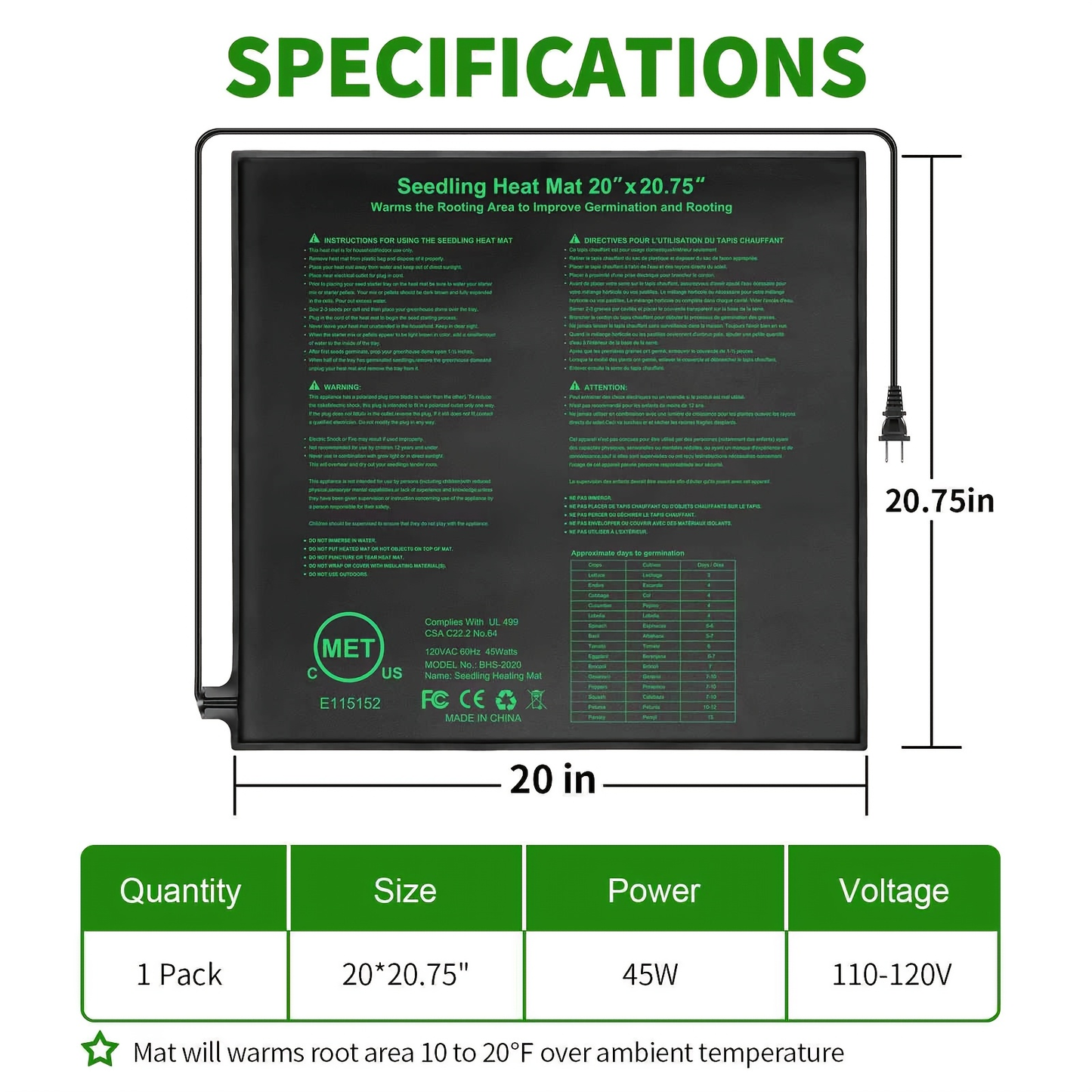 Seedling Heat Mat MET Certified Waterproof | Uniform Heating for Germination Indoor Gardening Greenhouse | Hydroponic Seed Starting Warming Pad M & L Size