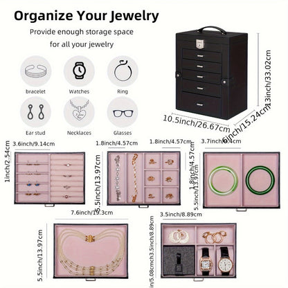 Jewelry Box 6 Tier with 5 Drawers Mirror & Lock | Large Jewelry Organizer Storage Case Gift for Women
