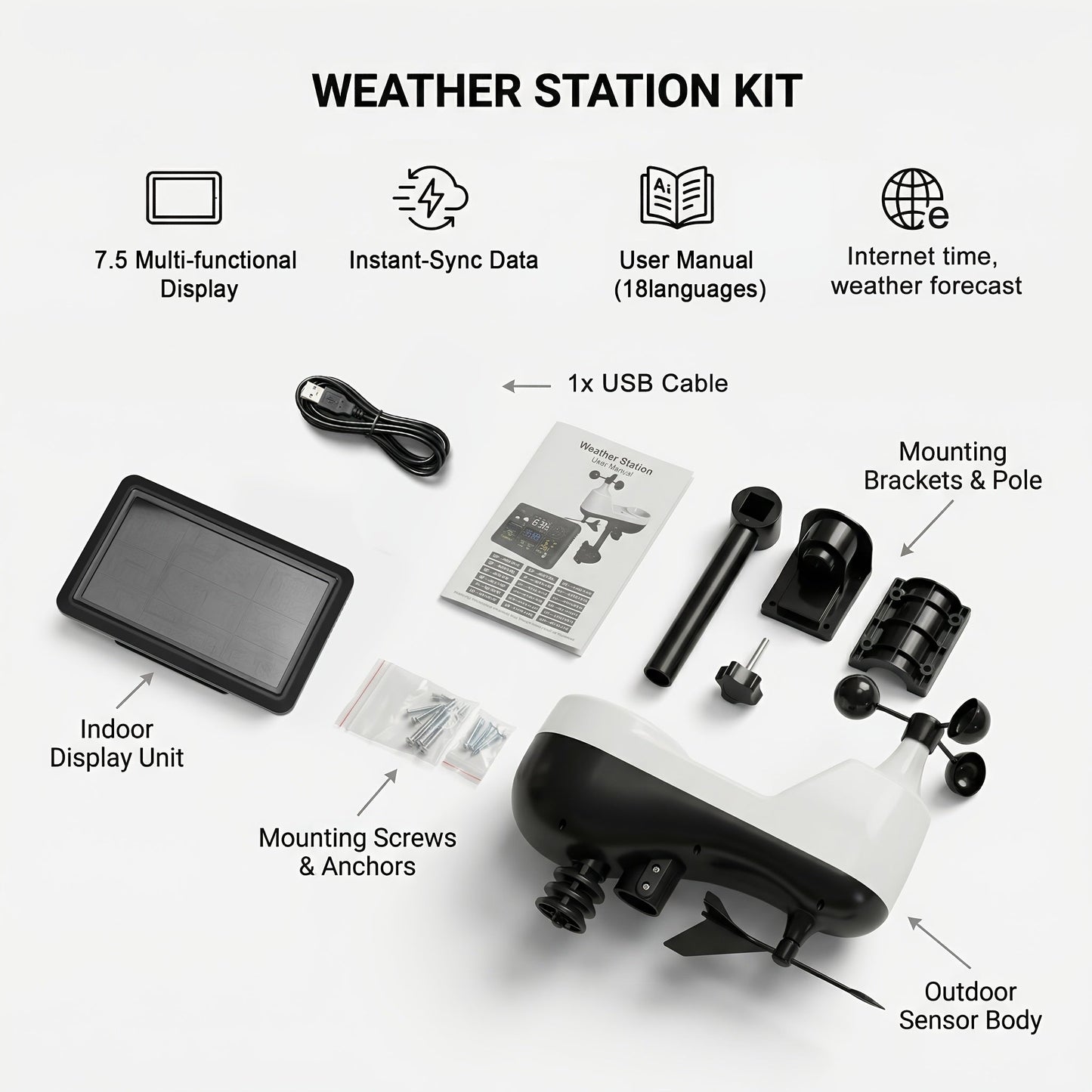 7-in-1 WiFi Weather Station with 7.5-Inch Color Display, Rain Collector, Wind Sensors and Tuya App