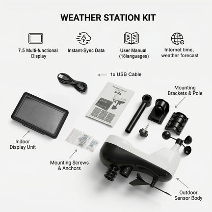 7-in-1 WiFi Weather Station with 7.5-Inch Color Display, Rain Collector, Wind Sensors and Tuya App