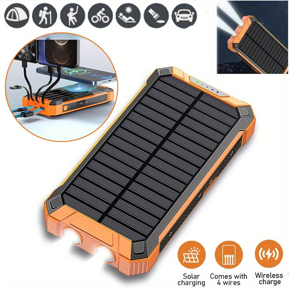 32800mAh Solar Power Bank 6 Outputs Wireless Charger – 4 Built-In Cables Dual Flashlights 15W Fast Charging, 32800 38800mAh External Battery Pack for Travel Camping GPS Emergency iPhone 17 Android