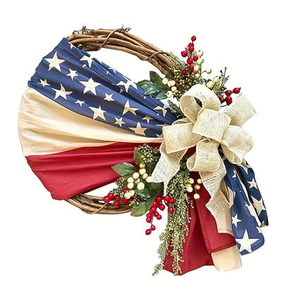 Red, White and Blue Patriotic Door Wreath with Flag Ribbon, Berries and Bow for Seasonal Home Display