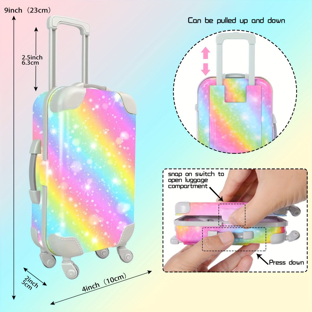 Twenty-Four-Piece Travel Accessory Set for 18-Inch Dolls with Rainbow Suitcase, Sequin Dress and Shoes