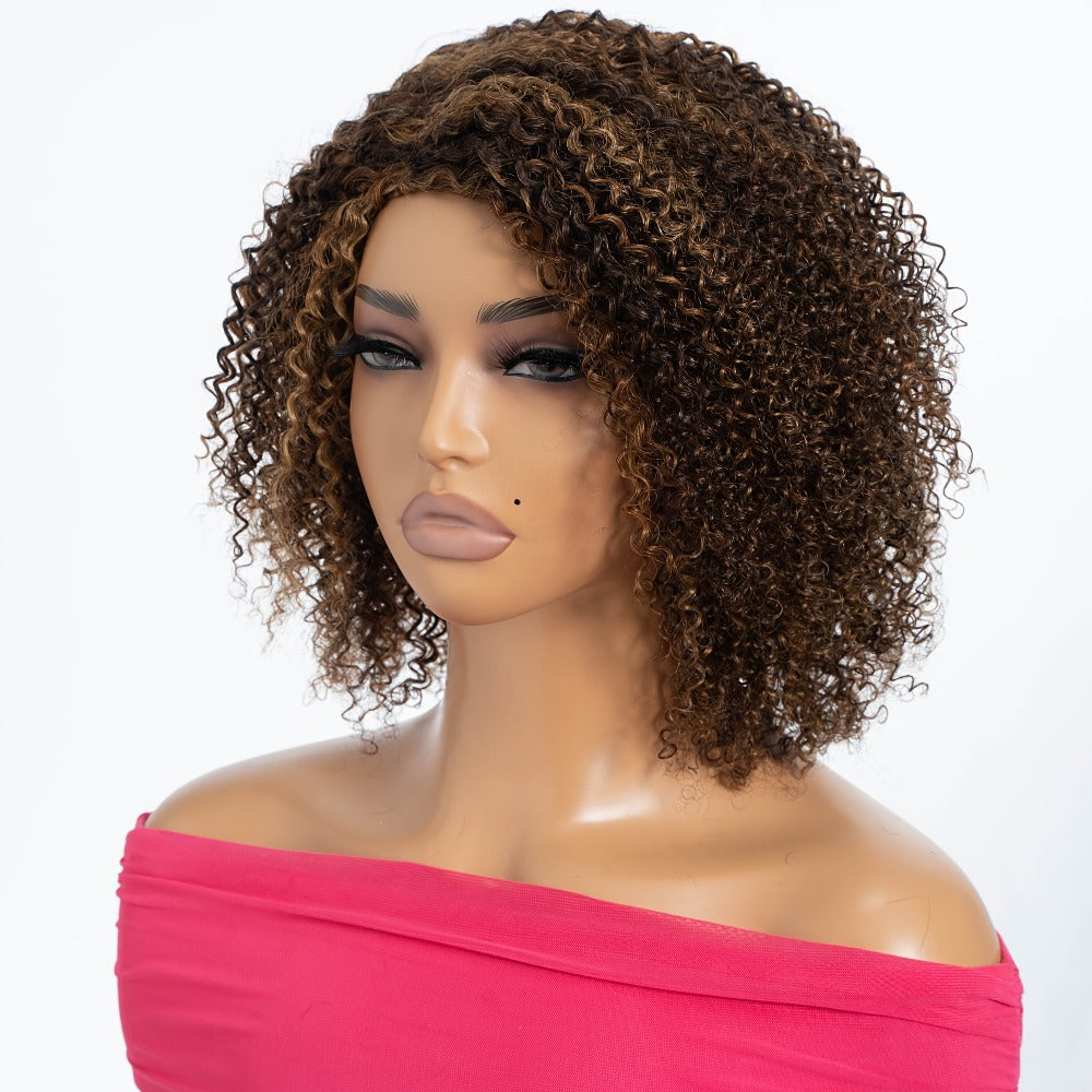 Jerry Curl Human Hair Wig with Bangs, 12-Inch Length and P4/30/27 or P1B/30 Highlight Options
