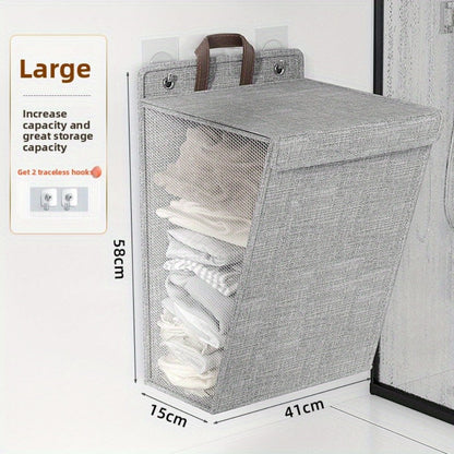 Large Gray Wall-Mounted Foldable Laundry Hamper with Lid for Bedrooms, Bathrooms and Living Rooms