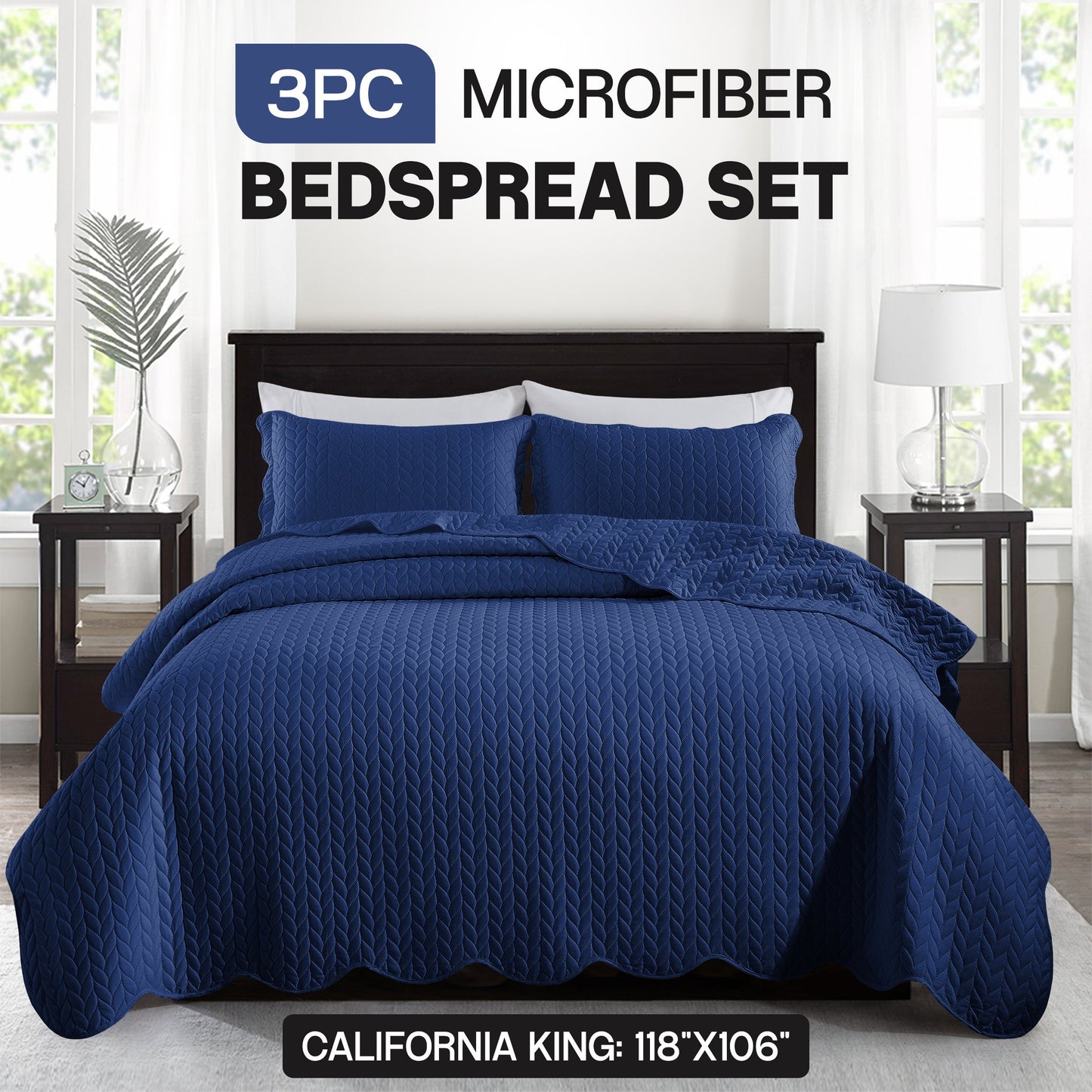 Chevron-Texture Three-Piece Bedspread Set in 16 Colors with Twin, Queen-Full, King and California King Sizes