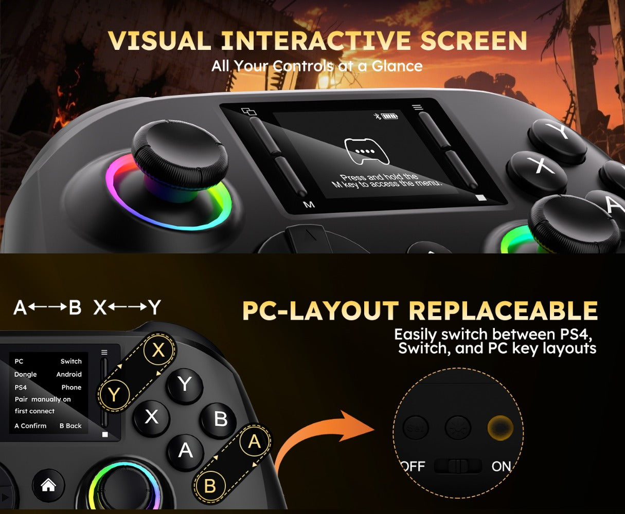 Wireless Gaming Controller Touchscreen PC PS4 Switch Android iOS - 4 Programmable Buttons Rapid Fire 6-Axis Gyroscope Dual Vibration RGB Lighting Bluetooth Gamepad for All Platforms
