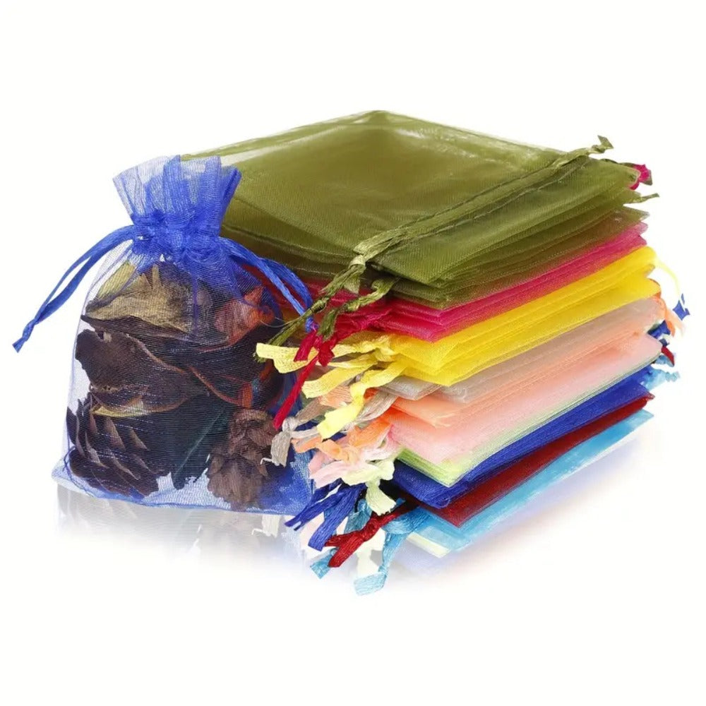 Organza Drawstring Gift Bags, 200-Piece Mixed-Color Set in 2.76 x 3.54 or 3.94 x 5.90 Inch Sizes for Favors and Jewelry