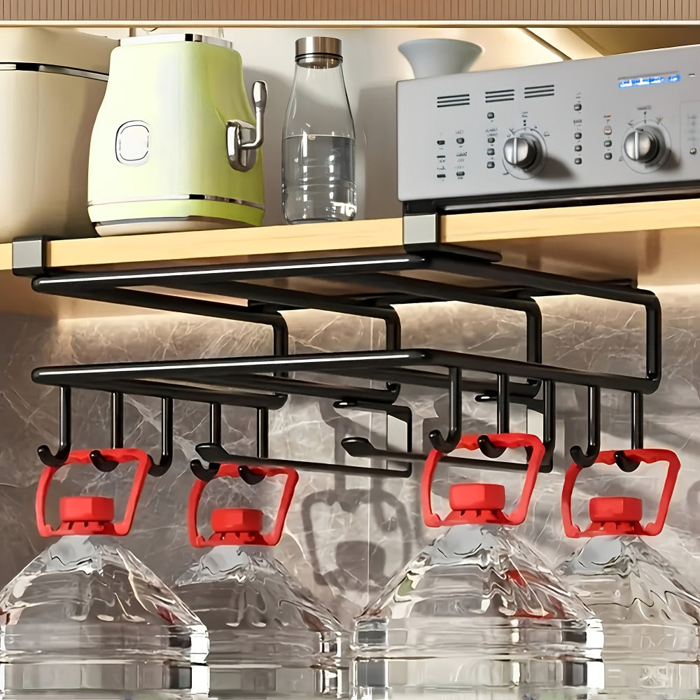 Under Cabinet Organizer Rack with Hooks – Heavy Duty Carbon Steel Kitchen Shelf for Utensils, Towels, Cups & Cutting Boards – No-Drill Door-Mount Space-Saving Kitchen Storage