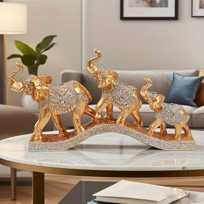 Golden Elephant Family Figurine Set with Three Resin-Look Sculptures on a 14-Inch Display Base