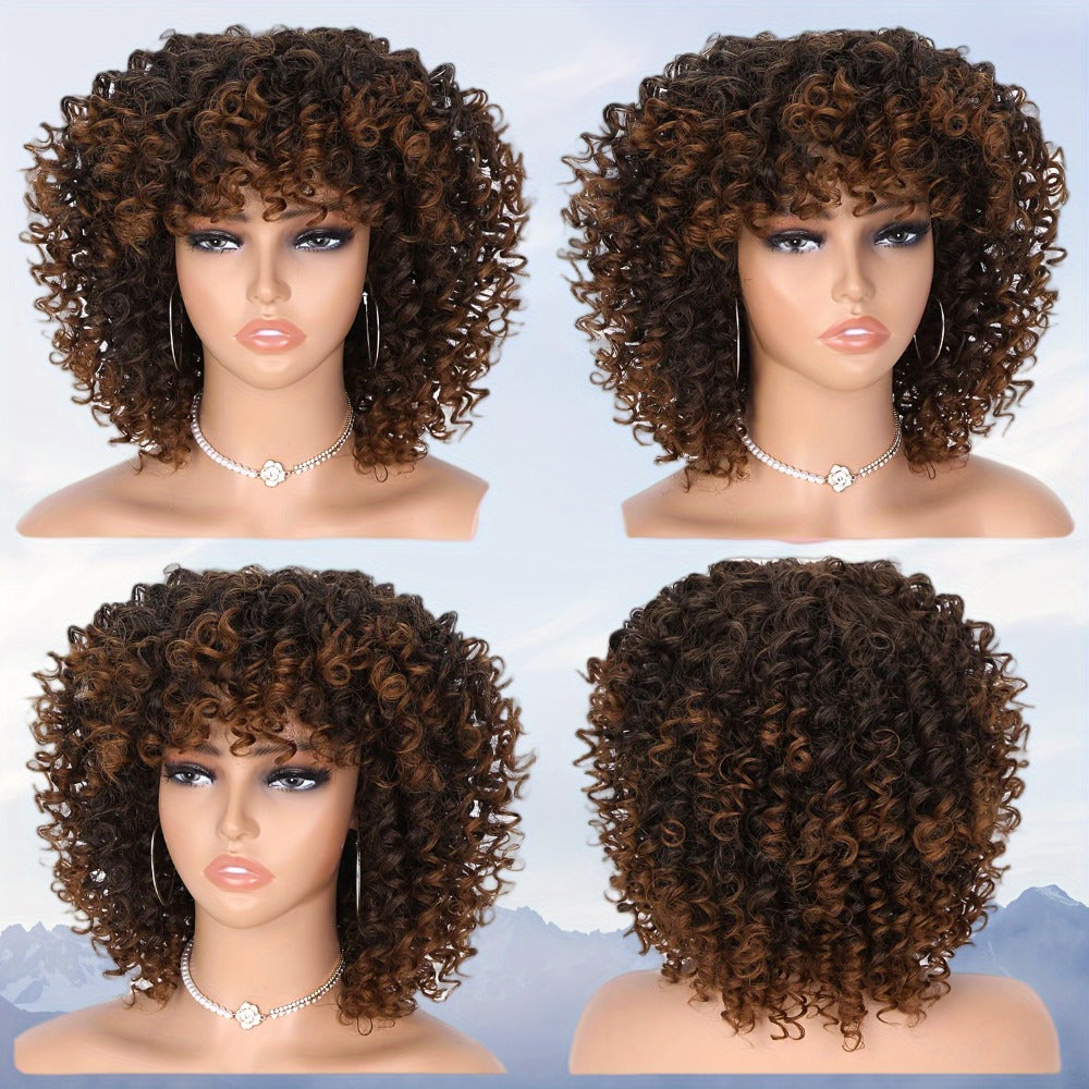 Afro Kinky Curly Wig for Black Women Short Synthetic Hair with Bangs 180% High Density Natural Fluffy Curls Stretch Cap Daily Wear Party Cosplay Fits All Head Sizes