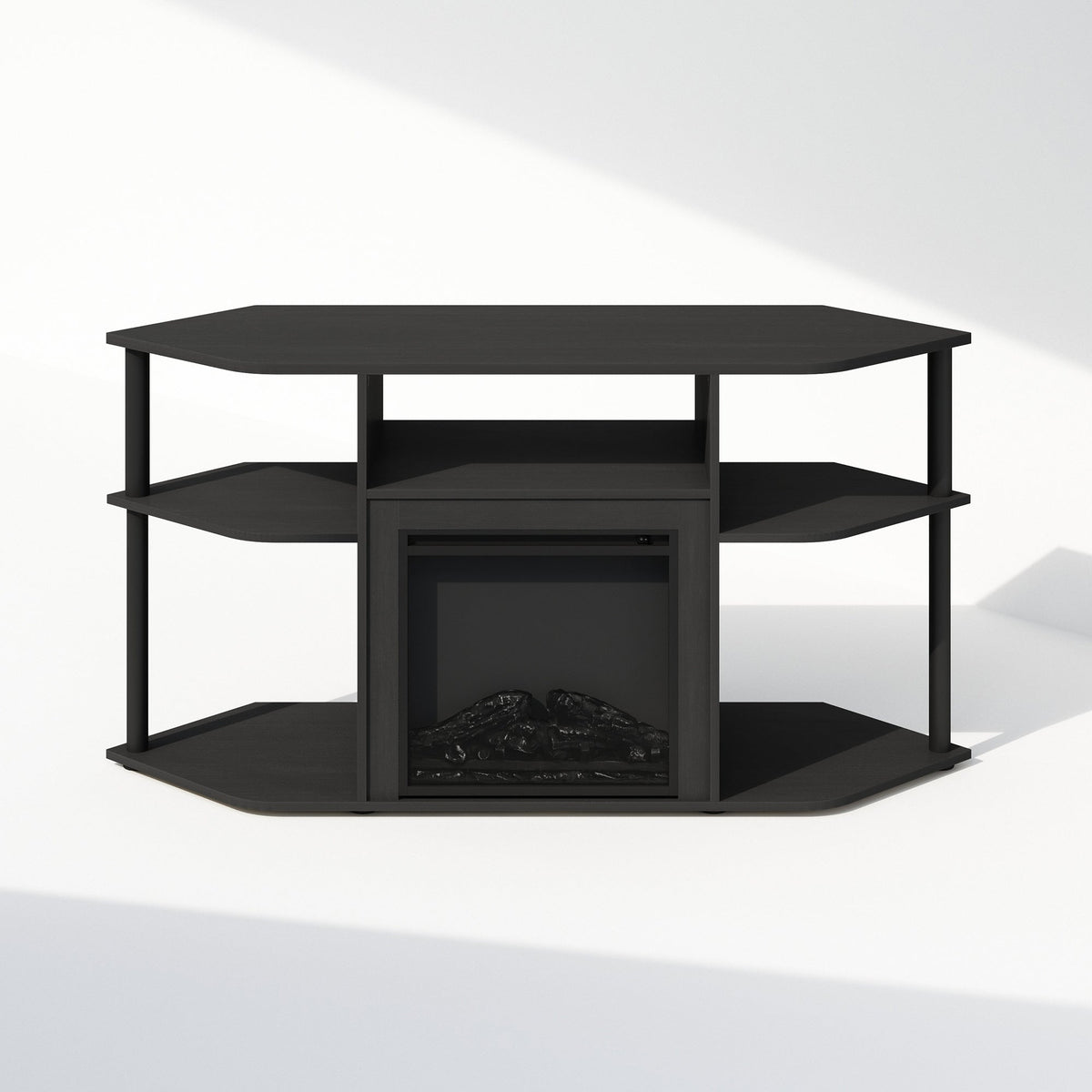 Corner TV Stand with Electric Fireplace, 55" Entertainment Center with Open Storage Shelves & Decorative Plastic Poles