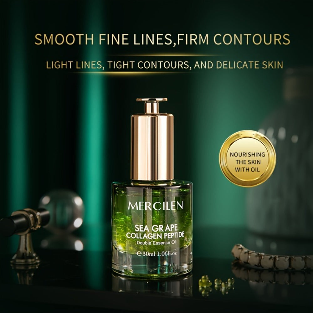 Face Serum Mercilen Sea Grape, Collagen Peptide and Squalane Essence Oil in a Green Pump Bottle