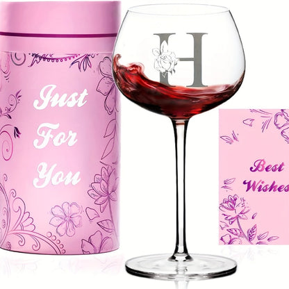 Initial Wine Glass Gift Set with 18 Checkout Letters, 14-Ounce Bowl, Presentation Box and Card