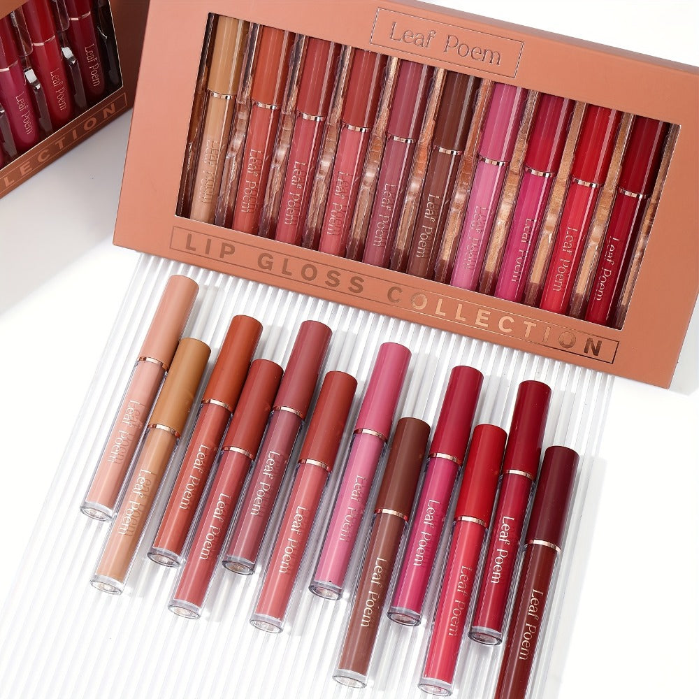 Lip Gloss Set by Leaf Poem with 12 Mixed Lip Colors, Slim Tube Applicators and Presentation Box