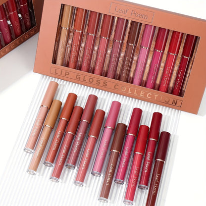 Lip Gloss Set by Leaf Poem with 12 Mixed Lip Colors, Slim Tube Applicators and Presentation Box