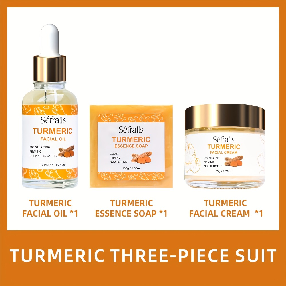 Three-Piece Turmeric-Labeled Skin Care Set with 100 g Soap, 50 g Cream and 1.01 oz Oil for Daily Routines