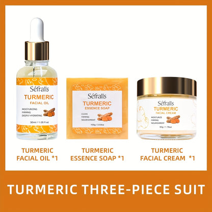 Three-Piece Turmeric-Labeled Skin Care Set with 100 g Soap, 50 g Cream and 1.01 oz Oil for Daily Routines
