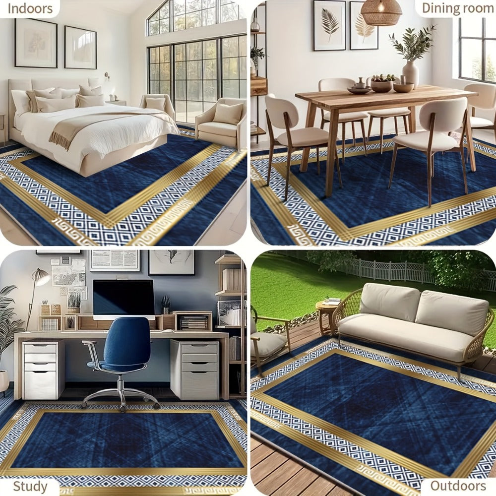 Navy Blue and Gold Geometric Area Rug with Four Exact Rectangular Size Options for Living Spaces