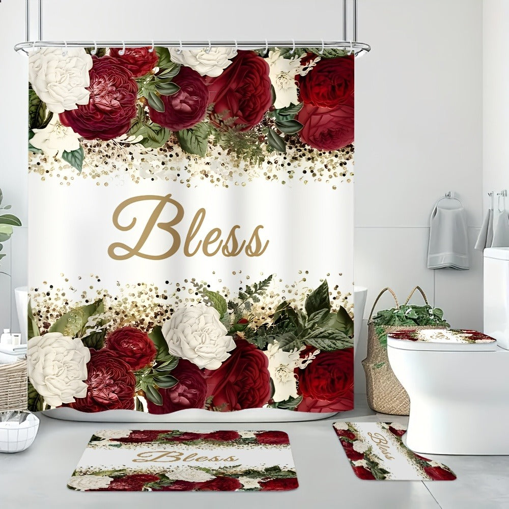 Four-Piece Rose and Bless Shower Curtain Set with Coordinated Mats, Lid Cover and Twelve White Hooks