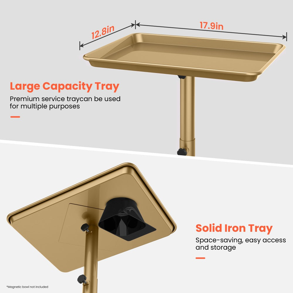 Rolling Salon Tray Cart on Wheels Adjustable Height 17.9x12.8 Inch Mobile Stylist Tray Table for Spa Tattoo Studio Blowdry Bar Aesthetic Clinic Bronze Pink