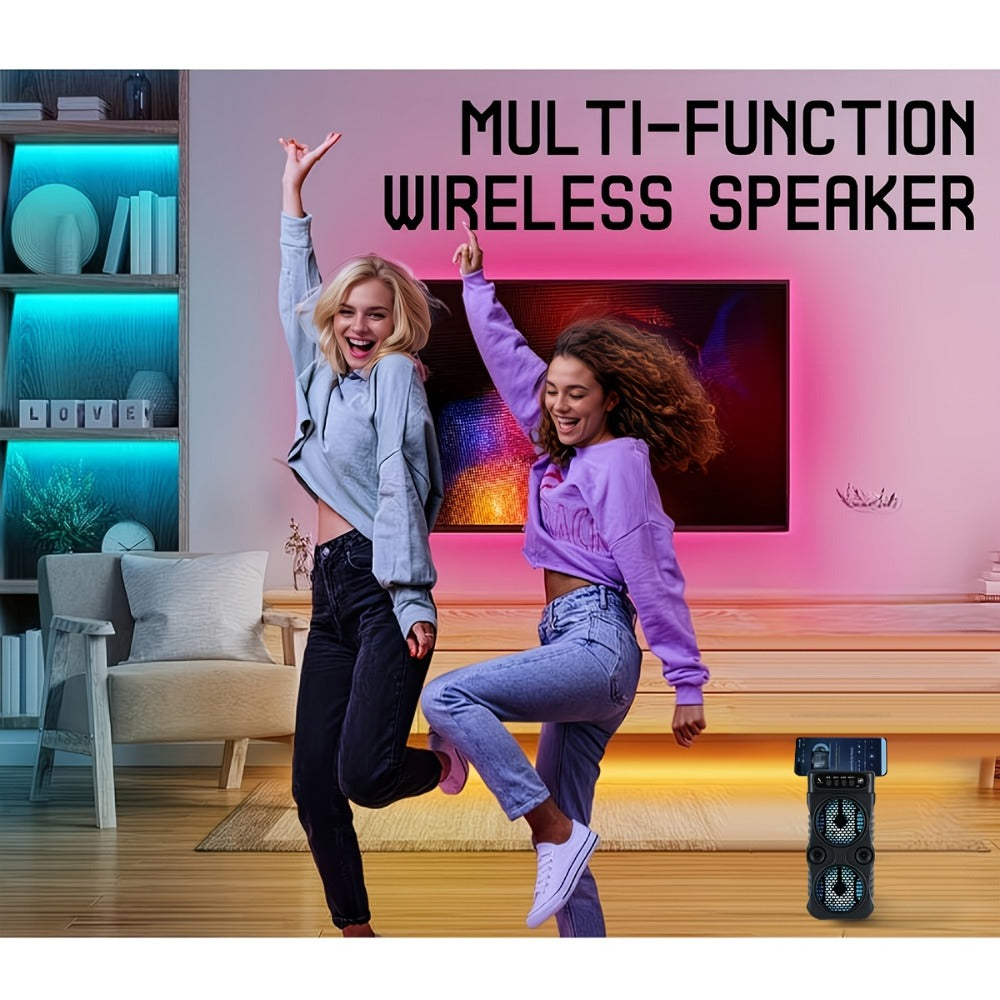 Portable Bluetooth Speaker with Dual Subwoofers, Color Lights, TWS, FM, USB, AUX, TF and Mic Input