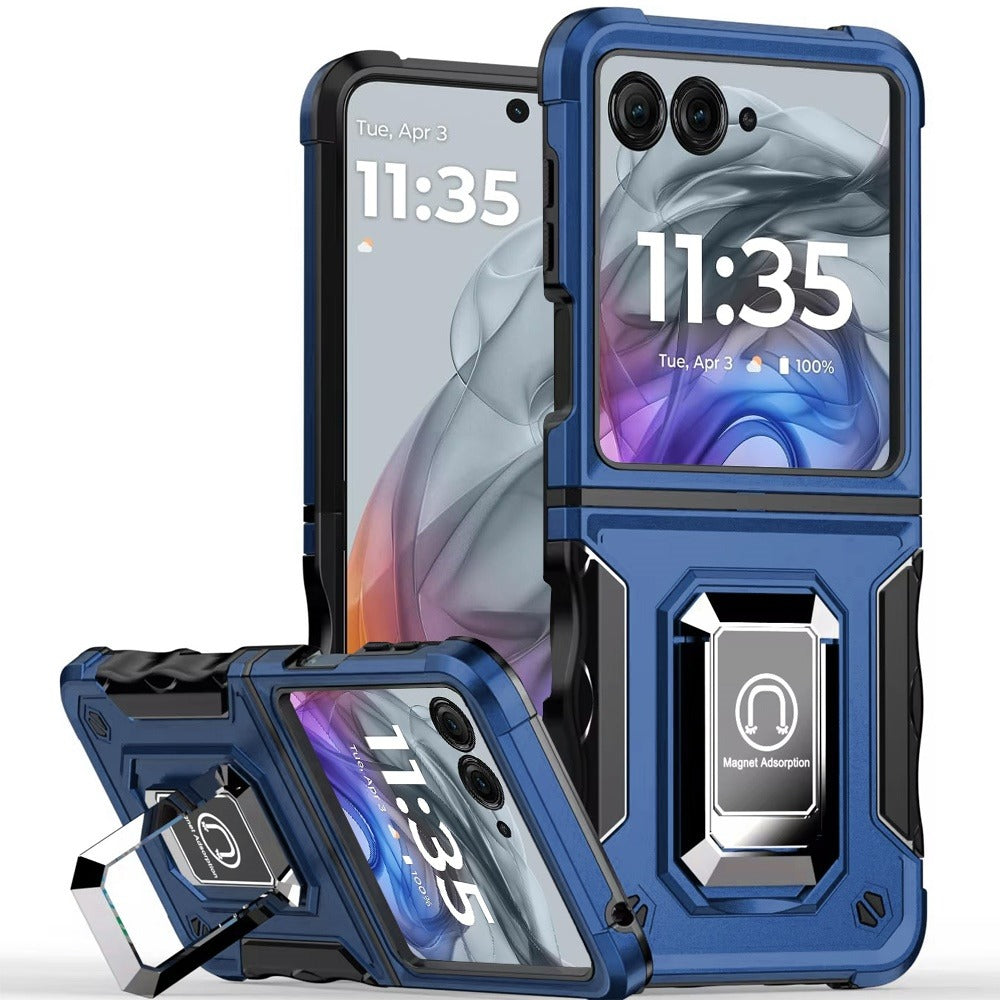 Motorola Razr 2024 Case Defender Metal Magnetic Ring Stand Hybrid Cover – Heavy Duty Shockproof TPU PC Armor with Kickstand & Magnetic Car Mount Compatibility