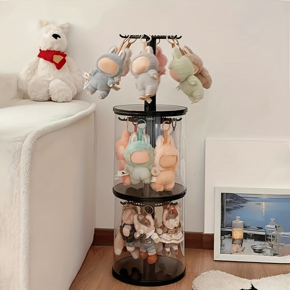LABUBU Display Case 360 Rotating Acrylic Box with Dust Cover – Plush Toy Figure Storage Case Multi-Layer Hanging Rack for Collectible Figures Blind Box Anime, Black or White