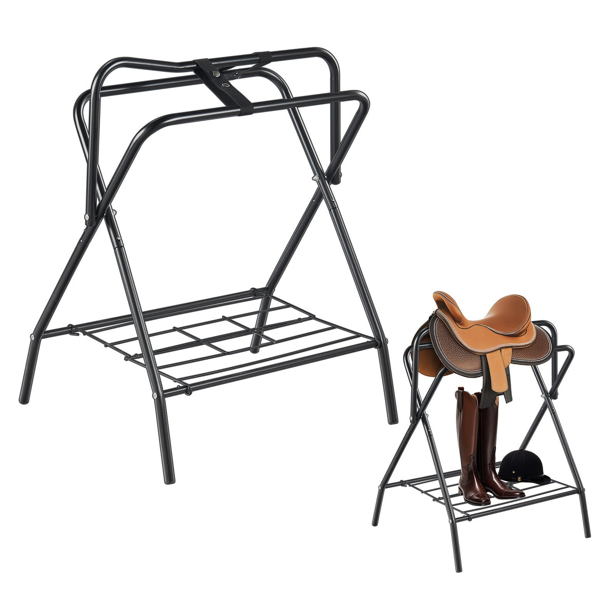 Folding Saddle Rack Freestanding Horse Saddle Stand – Holds 132 lbs, Carbon Steel, Quick-Release Setup, Portable & Space-Saving for Stable, Garage & Barn, 1 or 2 Pack