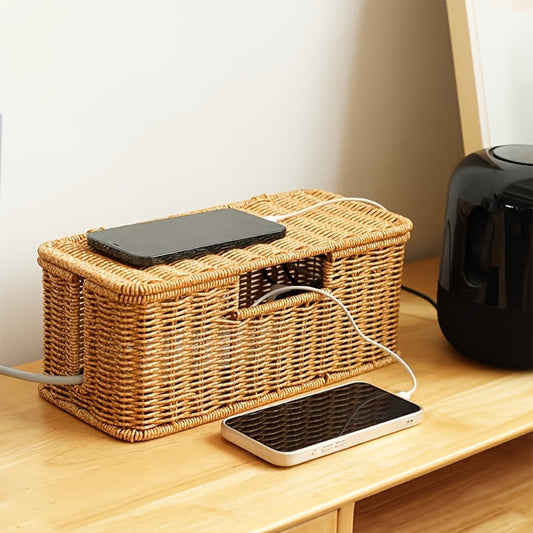 Rattan Cable Management Box with Lid Woven Cord Organizer – Stylish Power Strip Cover Wire Hider for Home Office Living Room Desk Bedroom, Conceals Surge Protectors & Data Cables, Boho Decor Gift