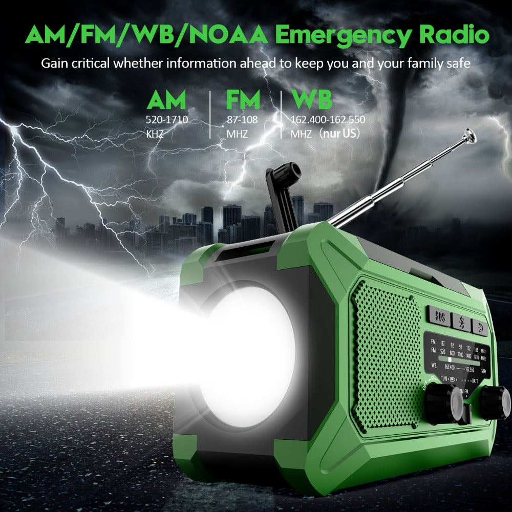10000mAh AM/FM Emergency Radio with Solar Panel, Hand Crank, Reading Light and Yellow or Green Case