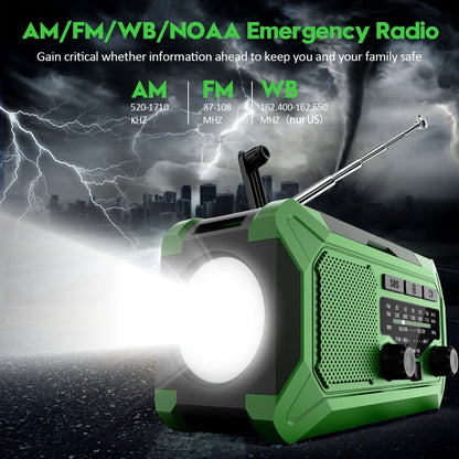 10000mAh AM/FM Emergency Radio with Solar Panel, Hand Crank, Reading Light and Yellow or Green Case