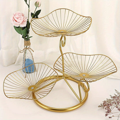 Three-Tier Golden Metal Wire Fruit Basket Stand with Lotus-Leaf Bowls, 46.5 cm Wide Countertop Design