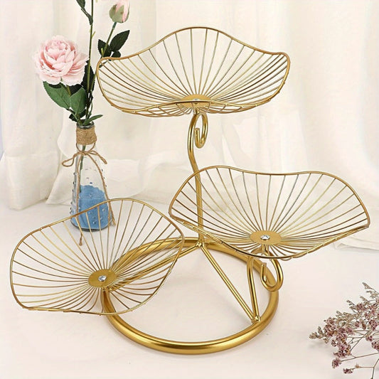 Fruit Basket Stand 3-Tier Decorative Iron Metal Wire Fruit Bowl with Lotus Leaf Design, Countertop Holder for Fruits Vegetables Bread Snacks, Modern Home Kitchen Table Centerpiece Organizer Gold