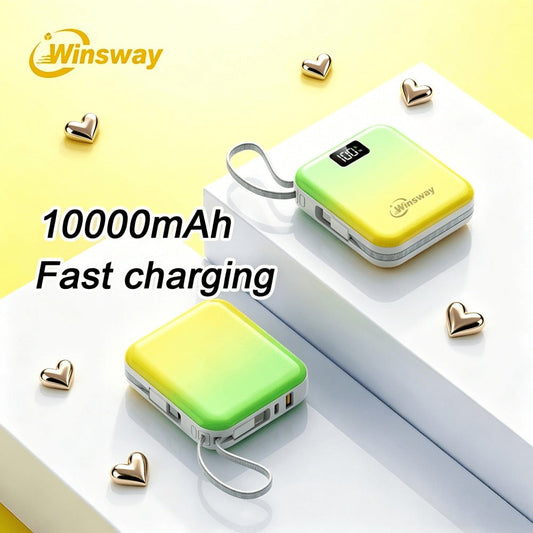 Mini Compact Power Bank 10000mAh Winsway 22.5W Fast Charging – Built-in Dual Cables USB-C & USB-A, Gradient Design, LED Display, Ultra-Lightweight Portable Charger for Travel Boarding Outdoor Gift