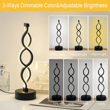Table Lamp with Spiral LED Wave, Three Color Temperatures, USB Power and One, Two or Wood-Base Options