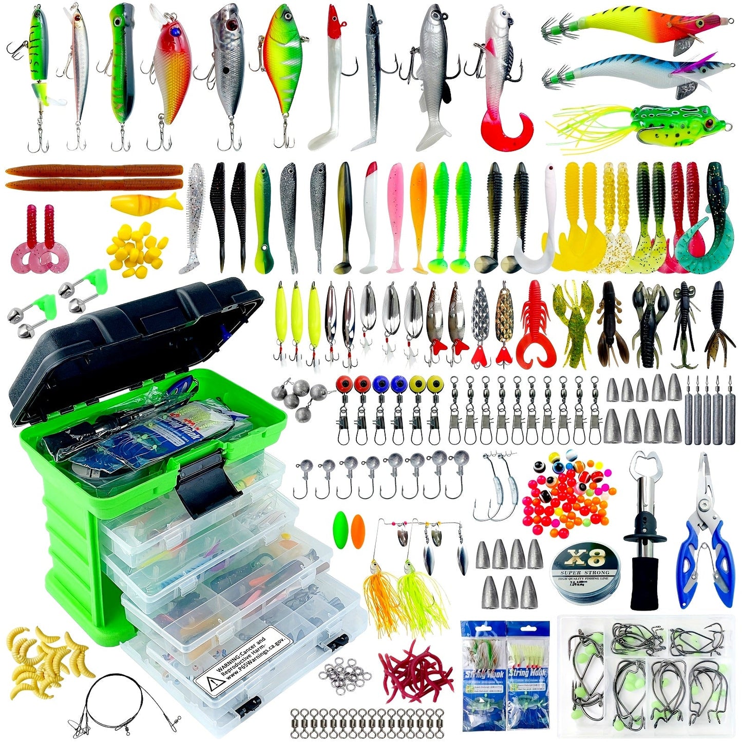 Fishing Lure Set 346-Piece Mixed Tackle Assortment with Hard Baits, Soft Baits, Hooks, Weights and Tiered Storage Box