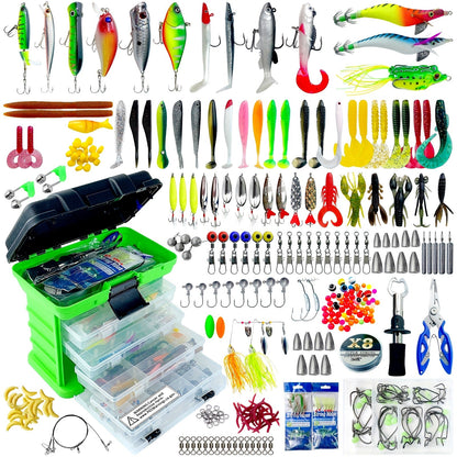 Fishing Lure Set 346-Piece Mixed Tackle Assortment with Hard Baits, Soft Baits, Hooks, Weights and Tiered Storage Box