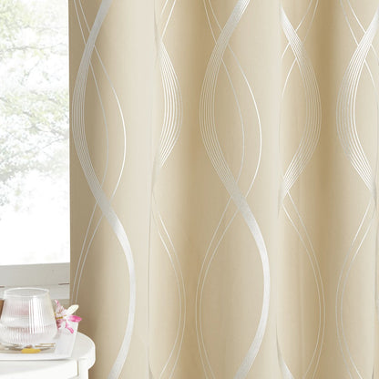 Two-Panel Wave-Line Foil Print Blackout Curtains in 10 Colors with 42- or 52-Inch Width Options
